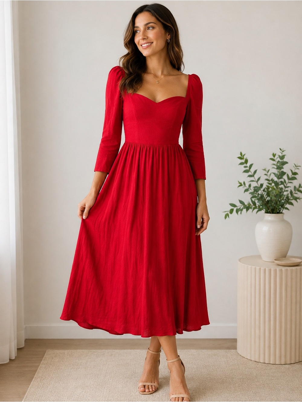 Reformation Red Sweetheart Neck Midi Dress Long Sleeve US 4